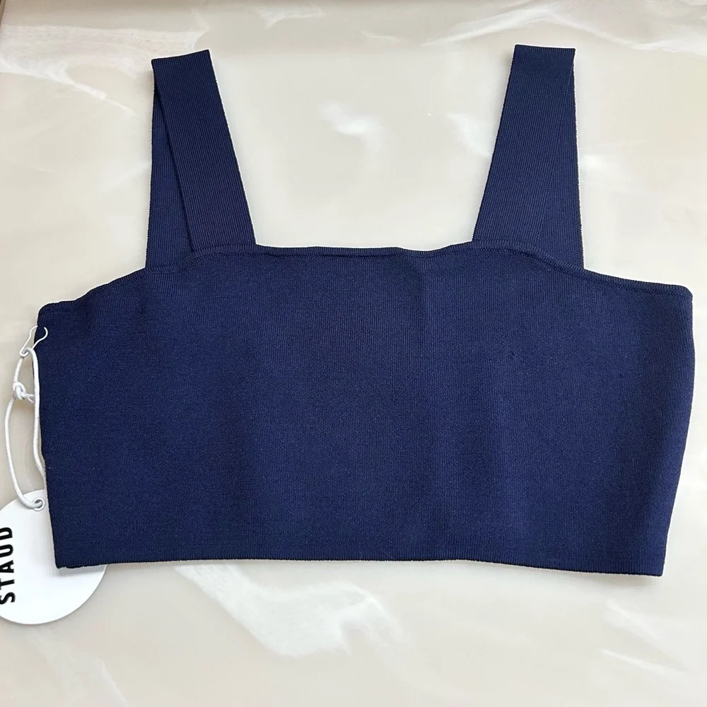 NWT Staud Zola Knit Crop Top Navy Blue & White Embroidered Logo Size Large